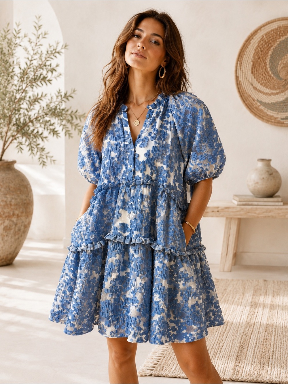 Maeve Anthropologie Tiered Jacquard Dress Blue Textured Puff Sleeve Petite SP - Picture 8 of 8